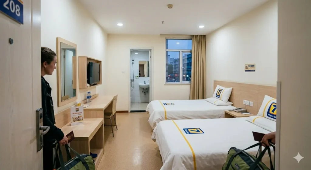 A typical 7 Days Inn hotel room in China