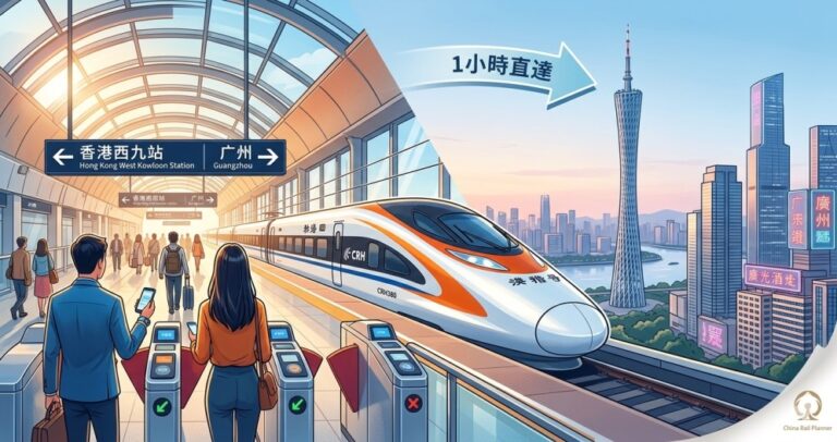 一台行駛於香港與廣州之間的高鐵的和諧號/復興號動車組、旁邊放著顯示電子車票與回鄉證的智慧型手機,象徵港人往返廣州高鐵攻略。