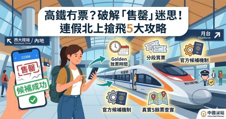 一幅專為香港旅客設計的繁體中文高鐵搶票插畫。左側顯示智能手機上的 12306 與 Trip.com 界面,原本顯示紅色的「售罄」,經過解密箭頭後轉化為綠色的「候補成功」與回鄉證核驗通過圖標;右側為一列正在月台蓄勢待發的復興號高鐵列車,大堂上方掛著「搶票黃金時間」的時鐘意象。